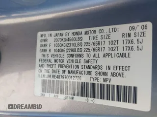 2007 Honda CR-V EX-L with VIN JHLRE48797C012726, listed as a IAAI auction lot 40847123 with 251,300 mi miles and . Bid and sale history available at carsss.com. Image 9.