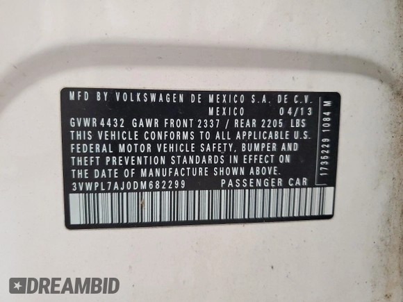 2013 Volkswagen Jetta TDI with VIN 3VWPL7AJ0DM682299, listed as a Copart auction lot 62701995 with 178,471 mi miles and Non repairable. Bid and sale history available at DreamBid. Image 12.