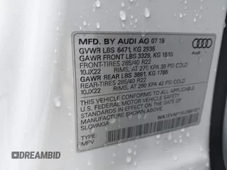 2020 Audi Q8 Premium Plus with VIN WA1EVAF1XLD001371, listed as a IAAI auction lot 41598033 with 39,744 mi miles and . Bid and sale history available at DreamBid. Image 9.