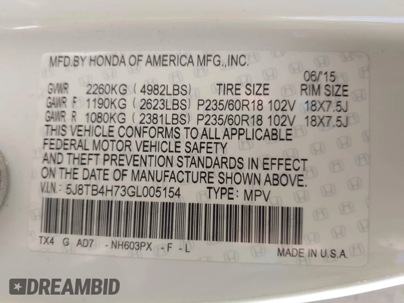 2016 Acura RDX Advance Pkg with VIN 5J8TB4H73GL005154, listed as a IAAI auction lot 41790569 with 114,087 mi miles. Bid and sale history available at carsss.com. Image 9.