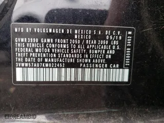 2019 Volkswagen Golf S with VIN 3VWW57AU7KM022452, listed as a Copart auction lot 53365155 with 19,972 mi miles and Salvage Title. Bid and sale history available at carsss.com. Image 13.