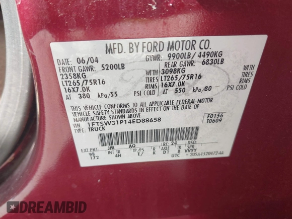 2004 Ford F-350 XL с VIN 1FTSW31P14ED88658, выставлен на аукционе IAAI как лот 41589922 с пробегом 252 624 миль миль и . История ставок и продаж доступна на DreamBid. Изображение 9.