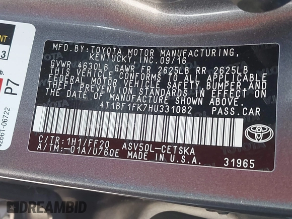 2017 Toyota Camry XLE with VIN 4T1BF1FK7HU331082, listed as a IAAI auction lot 42084269 with 104,632 mi miles and . Bid and sale history available at DreamBid. Image 9.