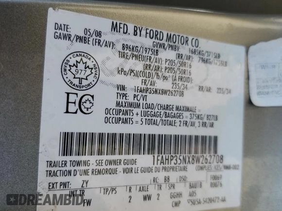 2008 Ford Focus SE with VIN 1FAHP35NX8W262708, listed as a Copart auction lot 46604345 with 314,645 mi miles and Salvage Title. Bid and sale history available at DreamBid. Image 15.