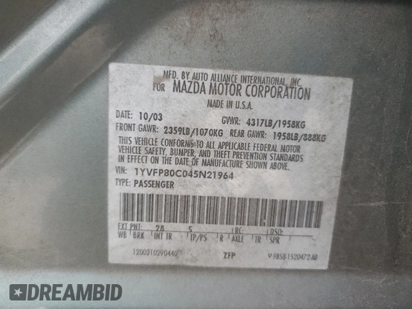 2004 Mazda 6 i with VIN 1YVFP80C045N21964, listed as a Copart auction lot 85071874 with 229,049 mi miles and Salvage Title. Bid and sale history available at DreamBid. Image 13.