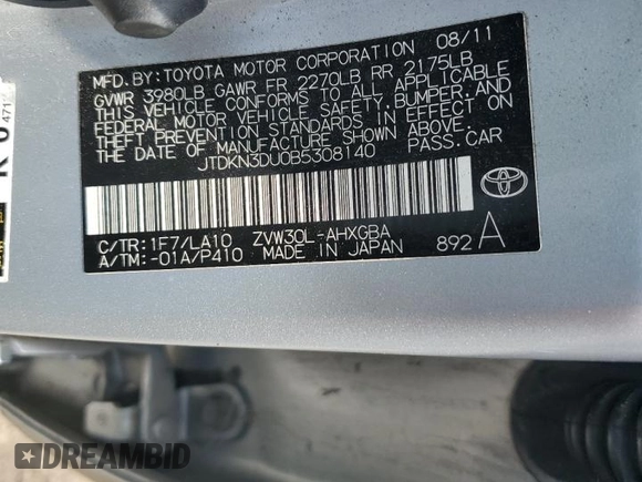 2011 Toyota Prius I with VIN JTDKN3DU0B5308140, listed as a Copart auction lot 60757735 with Not provided miles and Clean title. Bid and sale history available at DreamBid. Image 12.