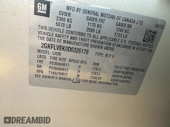 2013 GMC Terrain SLT с VIN 2GKFLVEK0D6326178, выставлен на аукционе Copart как лот 65476985 с пробегом 73 748 миль миль и Чистый • Clean title. История ставок и продаж доступна на DreamBid. Изображение 10.