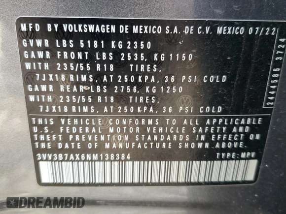 2022 Volkswagen Tiguan SE z VIN 3VV3B7AX6NM138384, wystawiony jako Copart lot #56172065 z przebiegiem 45 074 mil mil oraz Szkoda całkowita • Salvage title. Historia ofert i sprzedaży dostępna na DreamBid. Obrazek 13.