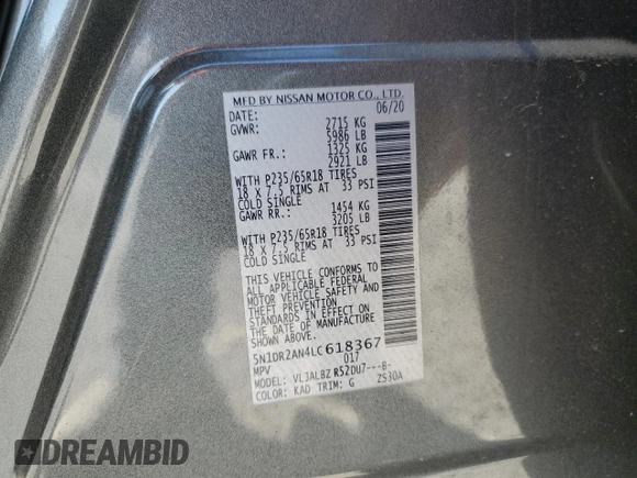 2020 Nissan Pathfinder S with VIN 5N1DR2AN4LC618367, listed as a Copart auction lot 53121335 with 46,683 mi miles and Salvage title. Bid and sale history available at DreamBid. Image 16.