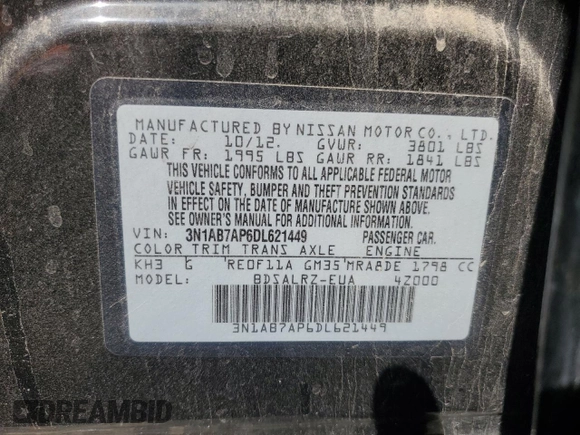 2013 Nissan Sentra SL with VIN 3N1AB7AP6DL621449, listed as a Copart auction lot 53001455 with 178,246 mi miles and Clean Title. Bid and sale history available at DreamBid. Image 12.