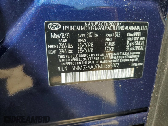 2021 Hyundai Santa Fe SEL z VIN 5NMS24AJ7MH365072, wystawiony jako Copart lot #52579115 z przebiegiem 46 605 mil mil oraz Szkoda całkowita • Salvage title. Historia ofert i sprzedaży dostępna na DreamBid. Obrazek 13.
