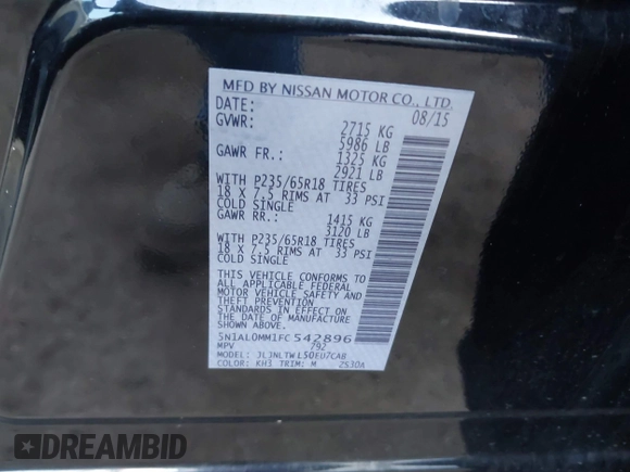2015 Infiniti QX60 with VIN 5N1AL0MM1FC542896, listed as a IAAI auction lot 41673442 with 138,458 mi miles. Bid and sale history available at carsss.com. Image 9.