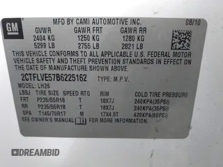 2011 GMC Terrain SLT-1 with VIN 2CTFLVE57B6225162, listed as a IAAI auction lot 41637609 with 247,558 mi miles and . Bid and sale history available at DreamBid. Image 9.