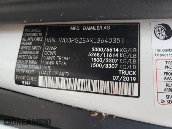 2020 Mercedes-Benz Metris Cargo with VIN WD3PG2EAXL3640351, listed as a Copart auction lot 69067574 with 68,754 mi miles and Salvage Title. Bid and sale history available at carsss.com. Image 13.