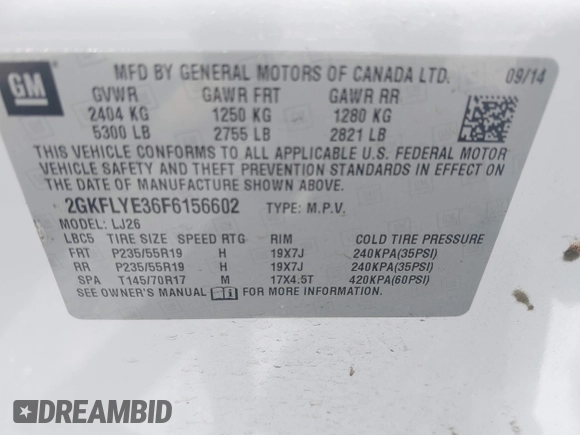 2015 GMC Terrain SLT with VIN 2GKFLYE36F6156602, listed as a IAAI auction lot 42528005 with 87,282 mi miles and . Bid and sale history available at DreamBid. Image 9.