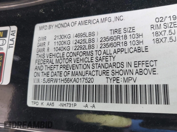 2019 Honda CR-V EX with VIN 5J6RW1H56KA017520, listed as a IAAI auction lot 41722415 with 111,831 mi miles. Bid and sale history available at carsss.com. Image 9.