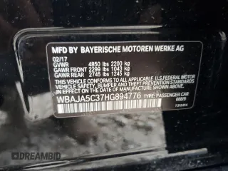 2017 BMW 5 Series 530i with VIN WBAJA5C37HG894776, listed as a Copart auction lot 54784035 with 117,987 mi miles and Salvage Title. Bid and sale history available at carsss.com. Image 13.