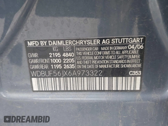 2006 Mercedes-Benz E 350 with VIN WDBUF56JX6A973322, listed as a IAAI auction lot 42184764 with 210,637 mi miles and . Bid and sale history available at DreamBid. Image 9.