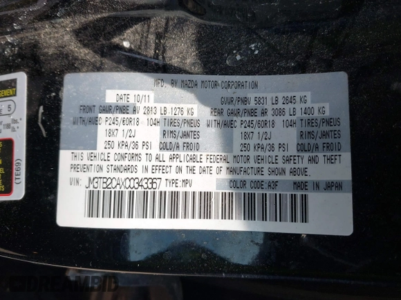 2012 Mazda CX-9 Touring with VIN JM3TB2CAXC0343367, listed as a IAAI auction lot 42022285 with 213,393 mi miles and . Bid and sale history available at DreamBid. Image 9.