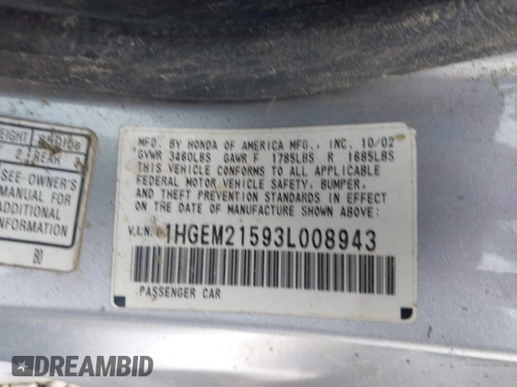 2003 Honda Civic LX with VIN 1HGEM21593L008943, listed as a IAAI auction lot 41662938 with 286,705 mi miles and . Bid and sale history available at DreamBid. Image 9.
