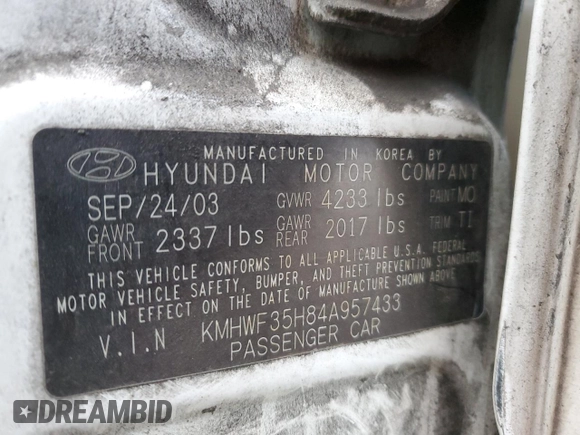 2004 Hyundai Sonata GLS with VIN KMHWF35H84A957433, listed as a Copart auction lot 82852774 with 187,857 mi miles and Salvage Title. Bid and sale history available at carsss.com. Image 14.