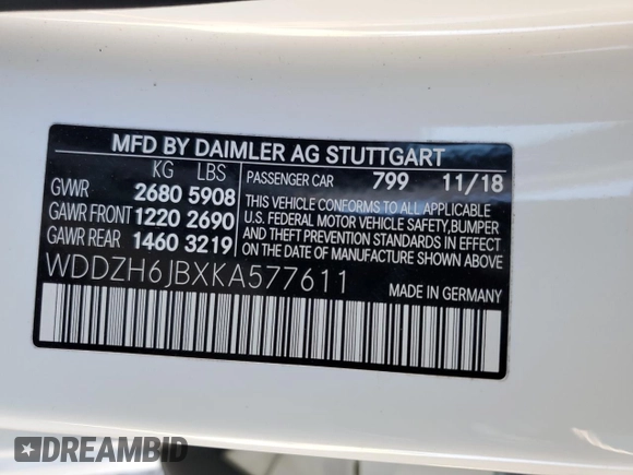2019 Mercedes-Benz E 450 with VIN WDDZH6JBXKA577611, listed as a Copart auction lot 89203545 with 39,019 mi miles and Salvage Title. Bid and sale history available at DreamBid. Image 14.