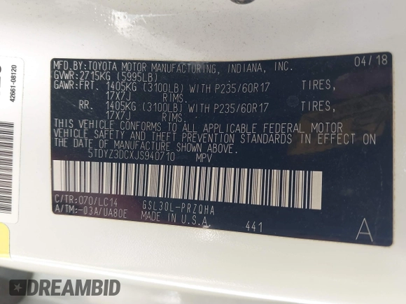 2018 Toyota Sienna XLE Auto Access Seat with VIN 5TDYZ3DCXJS940710, listed as a IAAI auction lot 41508764 with 108,942 mi miles and . Bid and sale history available at DreamBid. Image 9.