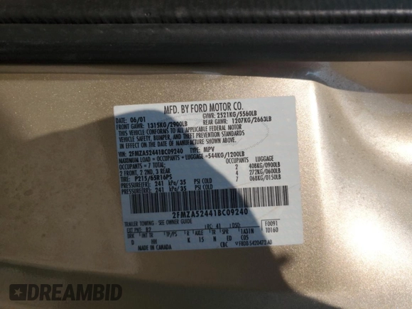 2001 Ford Windstar SE с VIN 2FMZA52441BC09240, выставлен на аукционе Copart как лот 59138575 с пробегом 143 868 миль миль и На запчасти • Non repairable. История ставок и продаж доступна на DreamBid. Изображение 14.