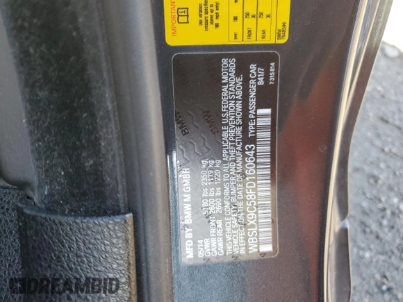 2015 BMW M6 with VIN WBSLX9C58FD160643, listed as a Copart auction lot 49293955 with 87,568 mi miles and Salvage Title. Bid and sale history available at carsss.com. Image 12.