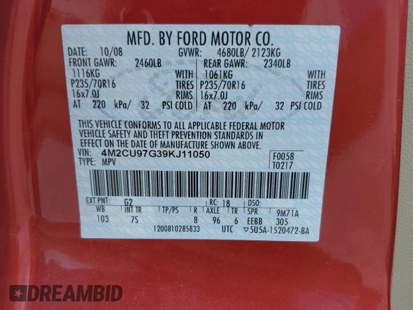2009 Mercury Mariner Premier with VIN 4M2CU97G39KJ11050, listed as a Copart auction lot 57131665 with 201,602 mi miles and Salvage title. Bid and sale history available at DreamBid. Image 13.