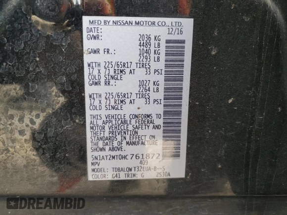 2017 Nissan Rogue S with VIN 5N1AT2MT0HC761872, listed as a Copart auction lot 50383615 with 132,750 mi miles and Salvage Title. Bid and sale history available at carsss.com. Image 14.