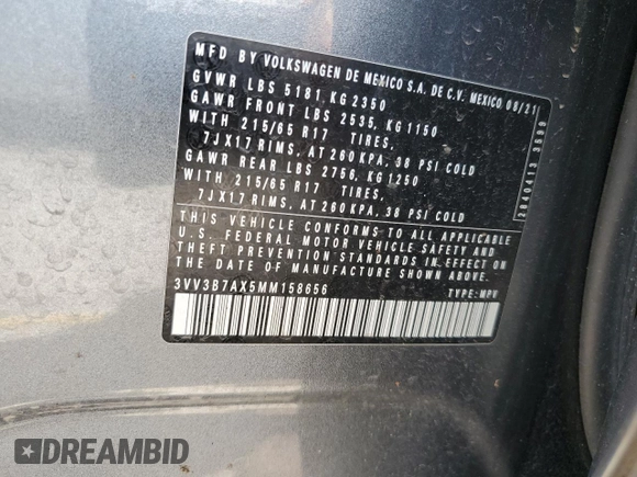 2021 Volkswagen Tiguan SE with VIN 3VV3B7AX5MM158656, listed as a Copart auction lot 61593815 with 68,774 mi miles and Salvage title. Bid and sale history available at DreamBid. Image 13.
