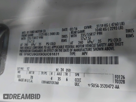 2016 Ford Escape SE с VIN 1FMCU9GX9GUC61831, выставлен на аукционе IAAI как лот 42237521 с пробегом 112 627 миль миль и . История ставок и продаж доступна на DreamBid. Изображение 9.