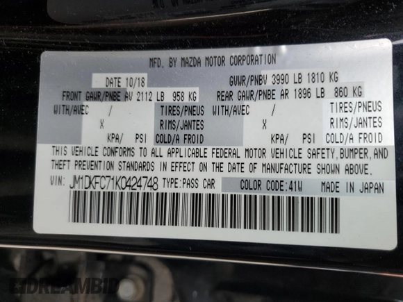 2019 Mazda CX-3 Touring with VIN JM1DKFC71K0424748, listed as a Copart auction lot 51145325 with 89,500 mi miles and Salvage Title. Bid and sale history available at DreamBid. Image 14.