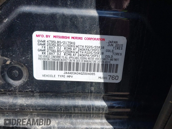 2016 Mitsubishi Outlander SE with VIN JA4AD3A34GZ004085, listed as a IAAI auction lot 41973344 with 122,849 mi miles and . Bid and sale history available at DreamBid. Image 9.