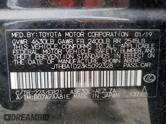 2019 Lexus IS with VIN JTHBA1D23K5092328, listed as a Copart auction lot 53528815 with 34,245 mi miles and Salvage Title. Bid and sale history available at carsss.com. Image 13.