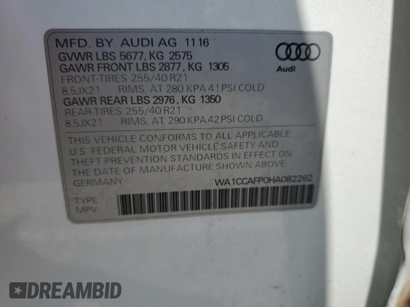 2017 Audi SQ5 Premium Plus with VIN WA1CCAFP0HA082262, listed as a Copart auction lot 49811423 with 94,216 mi miles. Bid and sale history available at carsss.com. Image 14.