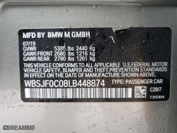 2020 BMW M5 Competition with VIN WBSJF0C08LB448874, listed as a Copart auction lot 48020635 with 0 mi miles and Salvage Title. Bid and sale history available at carsss.com. Image 13.