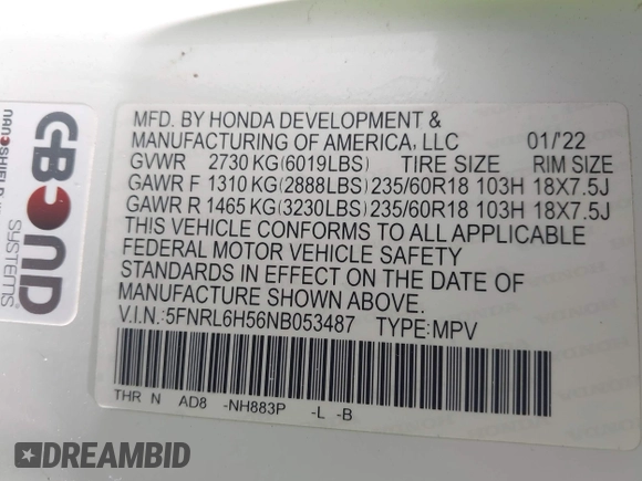 2022 Honda Odyssey EX with VIN 5FNRL6H56NB053487, listed as a IAAI auction lot 42237976 with Not provided miles and . Bid and sale history available at DreamBid. Image 9.