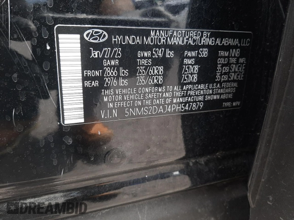 2023 Hyundai Santa Fe SEL z VIN 5NMS2DAJ4PH547879, wystawiony jako Copart lot #52101375 z przebiegiem 53 644 mil mil oraz Szkoda całkowita • Salvage title. Historia ofert i sprzedaży dostępna na DreamBid. Obrazek 13.