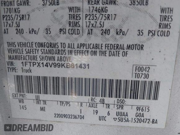 2009 Ford F-150 XL with VIN 1FTPX14V99KB81431, listed as a IAAI auction lot 41319505 with 394,709 mi miles. Bid and sale history available at carsss.com. Image 9.