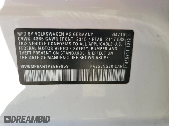 2010 Volkswagen CC with VIN WVWMP9AN1AE559959, listed as a Copart auction lot 76203974 with 188,396 mi miles and Salvage Title. Bid and sale history available at DreamBid. Image 12.