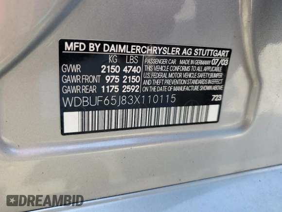 2003 Mercedes-Benz E 320 with VIN WDBUF65J83X110115, listed as a Copart auction lot 55139715 with Not Provided miles and Salvage Title. Bid and sale history available at DreamBid. Image 12.