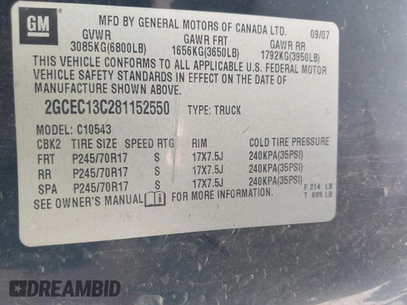 2008 Chevrolet Silverado 1500 Work Truck with VIN 2GCEC13C281152550, listed as a IAAI auction lot 42041387 with 245,633 mi miles and . Bid and sale history available at DreamBid. Image 9.
