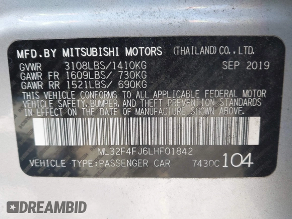 2020 Mitsubishi Mirage SE with VIN ML32F4FJ6LHF01842, listed as a IAAI auction lot 41869199 with 40,197 mi miles and . Bid and sale history available at DreamBid. Image 9.