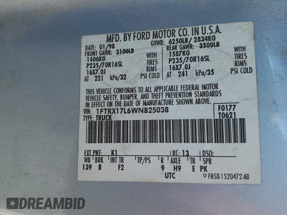 1998 Ford F-150 XL with VIN 1FTRX17L6WNB25038, listed as a Copart auction lot 78741914 with 173,972 mi miles and Salvage title. Bid and sale history available at DreamBid. Image 14.