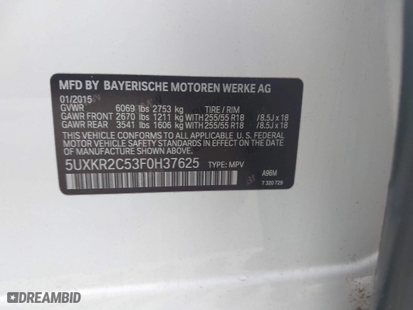 2015 BMW X5 sDrive35i with VIN 5UXKR2C53F0H37625, listed as a IAAI auction lot 41381467 with 110,524 mi miles. Bid and sale history available at carsss.com. Image 9.