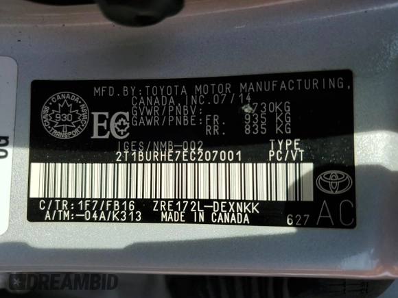 2014 Toyota Corolla L with VIN 2T1BURHE7EC207001, listed as a Copart auction lot 56371685 with Not provided miles and Salvage title. Bid and sale history available at DreamBid. Image 13.