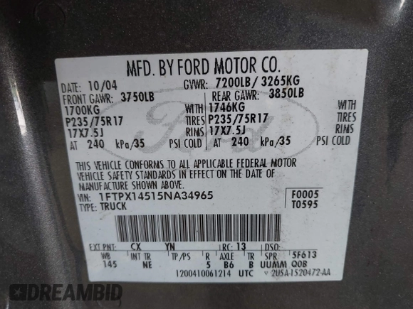 2005 Ford F-150 XLT with VIN 1FTPX14515NA34965, listed as a IAAI auction lot 42582315 with 178,636 mi miles and . Bid and sale history available at DreamBid. Image 9.
