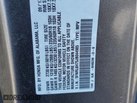 2018 Honda Odyssey EX-L with VIN 5FNRL6H75JB044985, listed as a Copart auction lot 50081345 with 157,688 mi miles and Salvage Title. Bid and sale history available at DreamBid. Image 13.